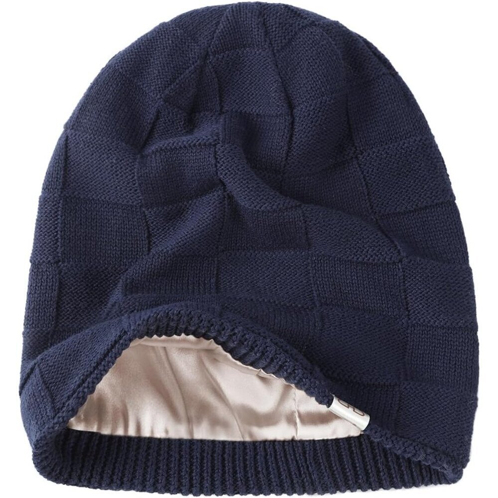 🔥Hat Hut Ski Unisex Women Blue Beanie Satin Lined Winter Slouchy Soft Warm Hats